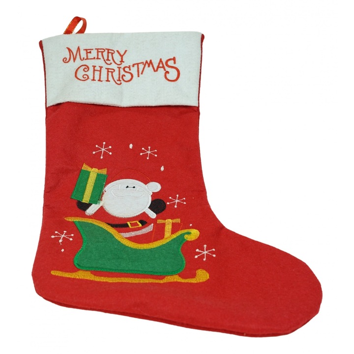 Ciorap pentru cadouri, cu model Mos Craciun, rosu, marimea 19x38 cm, textil