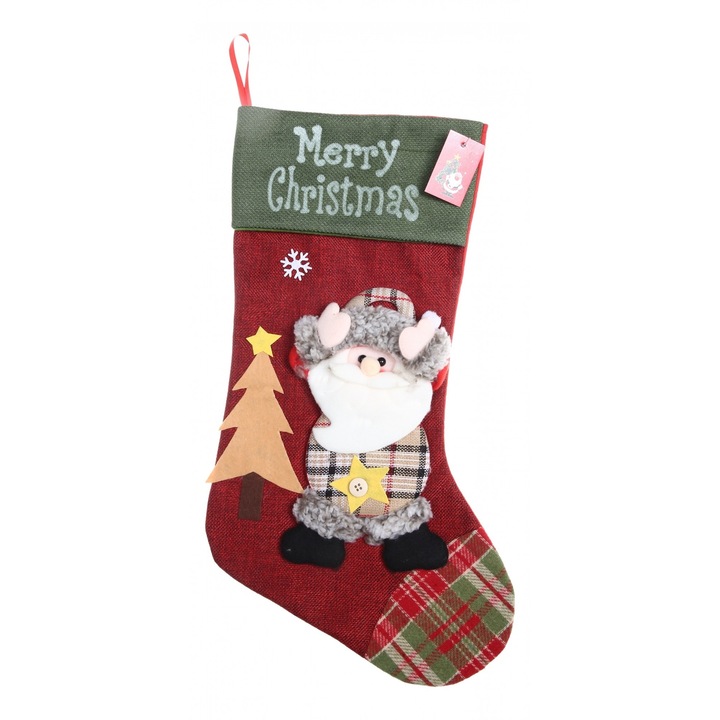 Ciorap pentru cadouri, cu model Mos Craciun, rosu/verde, marimea 20x40 cm, textil