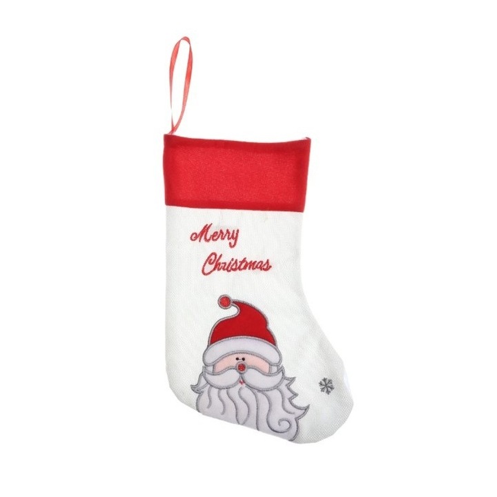 Ciorap pentru cadouri, alb, imprimeu Mos Craciun, marimea 16x30 cm