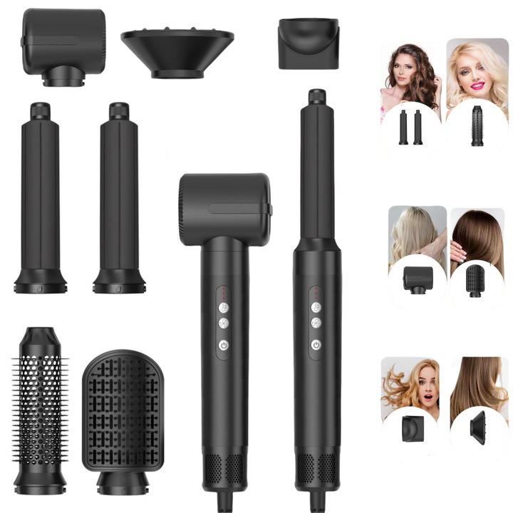 Комплект електрически четки за коса RorAem, с дифузер, Маша с автоматично попиване, 3 скорости и 3 температурни нива, Сешоар, подходящ за всякакъв тип коса, Мощност 1400W, сушене и оформяне, Комплект със защитна ръкавица