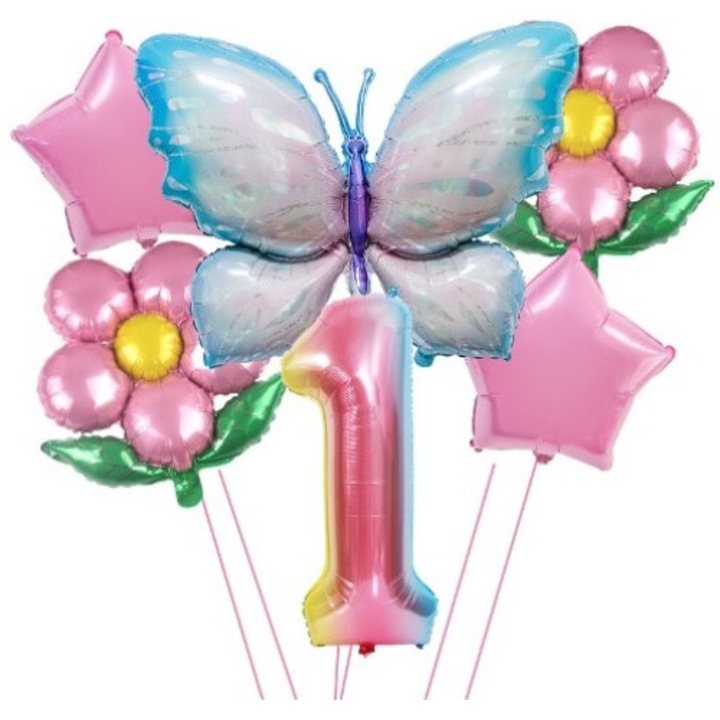 Set baloane aniversare cu numere 6 piese, 2 flori, 2 stelute, 1 fluture, Roz, Cifra 1