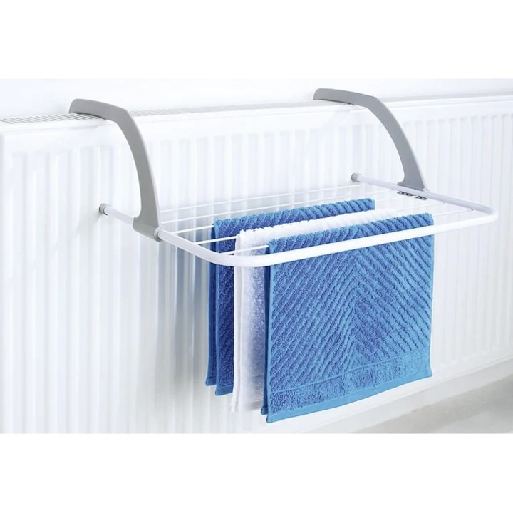 Ruhaszárító, fémből, radiátorra vagy erkélyre rögzítve, szárítófelület 3m, maximális súly 5kg, fehér