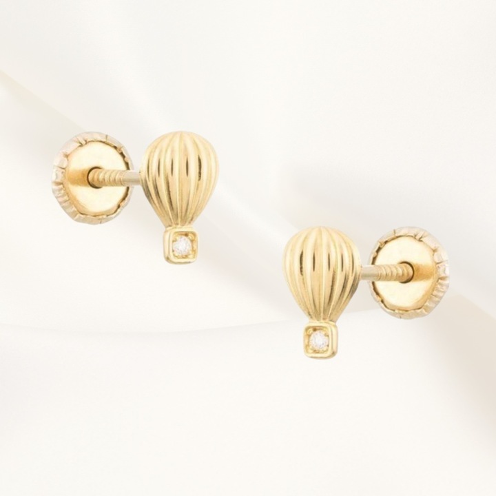 Set 2 Cercei Aur 14 K, cu Diamante, "Diamond Air Baloons" cu inchidere cu protectie, Marime Mica, bebelusi si fetite, 0-5 ani