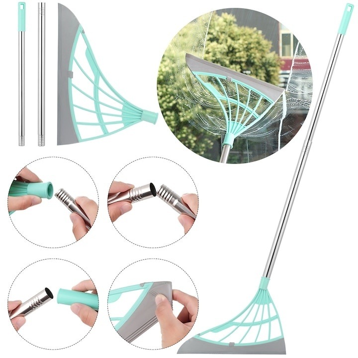 Matura din silicon, multifunctionala pentru praf, apa, par, pentru curatare uscata si umeda, cu maner din aluminiu, verde