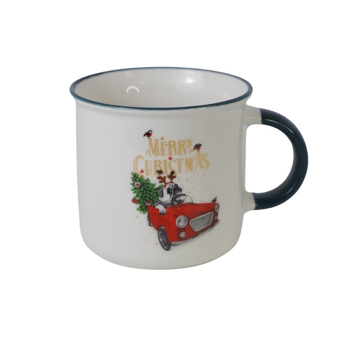 Karácsonyi porcelán bögre, díszdobozban, Kutya az autóban nyomattal, sárga színű "Boldog karácsonyt" felirattal