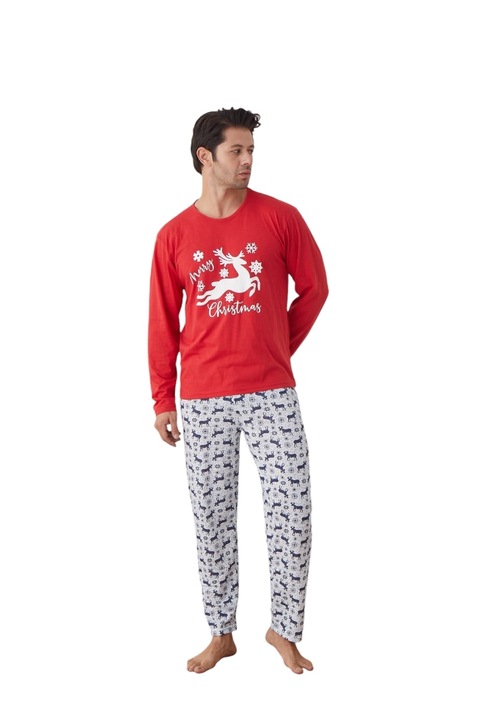 Pijama barbat Craciun, maneca lunga, pantaloni lungi, imprimeu Ren text Christmas