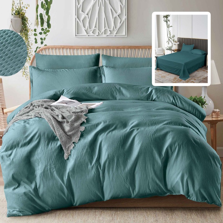 UNI Creponata franciaágynemű 6 db, lepedő 230x250 cm, paplan 200x230 cm, 2 párnahuzat 50x70 és 70x70 cm, Türkiz, Pucioasa