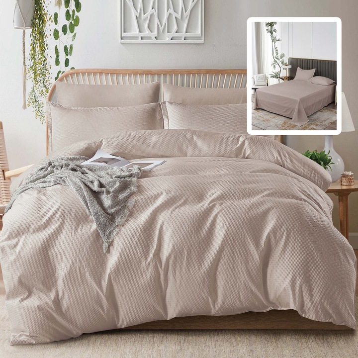 Lenjerie pat dublu Creponata UNI 6 piese, cearsaf pat 230x250 cm, pilota 200x230 cm, 2 fete perna 50x70 si 70x70 cm, Cappuccino, Pucioasa