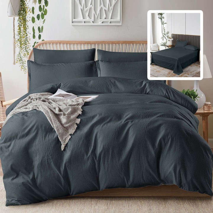 UNI Creponata franciaágynemű 6 db, lepedő 230x250 cm, paplan 200x230 cm, 2 párnahuzat 50x70 és 70x70 cm, fekete, Pucioasa