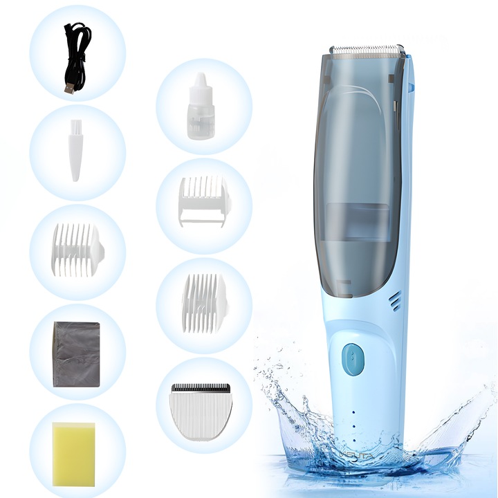 Masina de Tuns Bebelusi si Copii, RorAem, Aparat de tuns bebelusi cu taiere silentioasa, design waterproof, incarcare rapida, fara fir, Piepteni inclusi, Functie de Aspirare si Compartiment de Stocare a Parului, IPX7, Albastru
