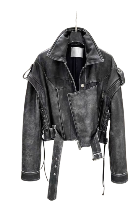 Яке, Кожено, С изпран ефект, Голям размер, Сиво, Сив