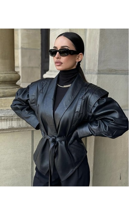 Jacheta din piele naturala in stil vintage. Negru, Negru