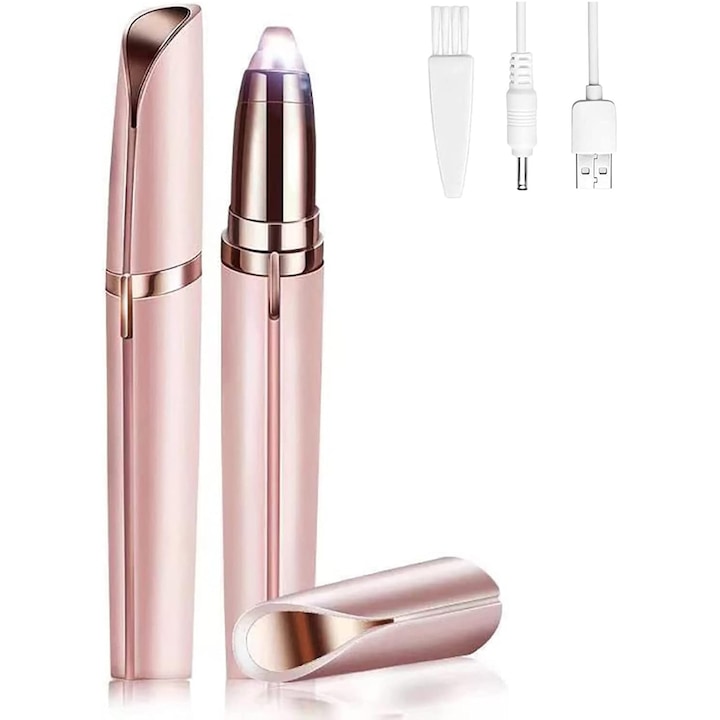 Aparat pentru tuns RorAem parul din nas si urechi sau din zona sprancenelor, trimmer facial pentru nas axile, bratele, picioarele si urechi, Usor de curatat, fanta deschisa la 360° cu iluminare, incarcare USB,13X1.5cm, Roz