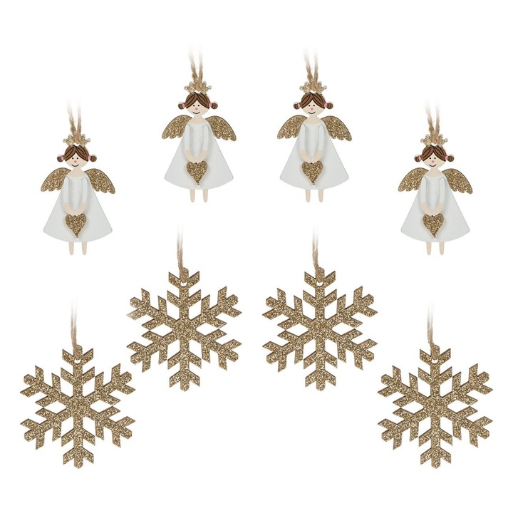 Ornamente Brad Craciun Lemn Inger Alb Fulg Auriu Glitter Set 8 Buc 5-5.5cm