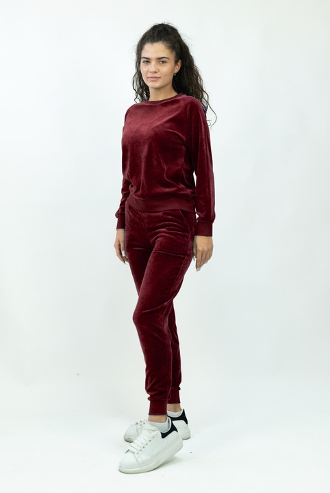 Compleu dama catifea premium CLANDESTINE set 2 piese, pantalon lung cu manseta si buzunare, bluza cu gluga si maneca lunga, sport elegant toamna iarna, Rosu