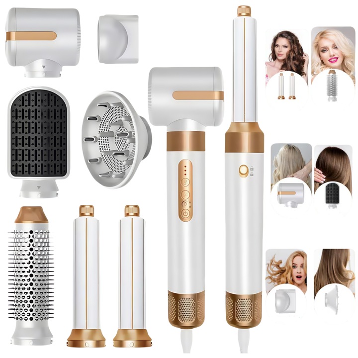 Комплект сешоар 7 в 1, Сешоар с дифузер, Маша с автоматично попиване, 3 скорости и 3 температурни степени, Сешоар с диаманти, подходящ за всякакъв тип коса, Мощност 1400W, сушене и оформяне, Комплект със защита за ръкавици