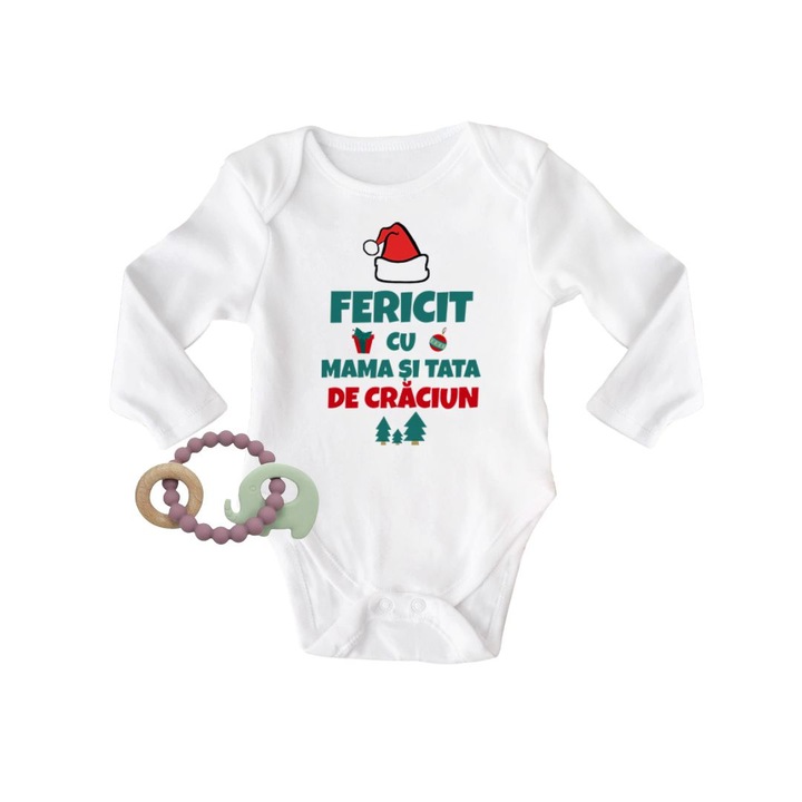 Set body personalizat cu mesaj de Craciun + jucarie zornaitoare in forma de elefant - material silicon si lemn, 86 cm