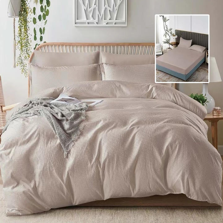 UNI Creponata franciaágynemű 6db, matrachuzat 160/180x200 cm, paplan 200x230 cm, 2 párnahuzat 50x70 és 70x70 cm, Cappucino, Pucioasa