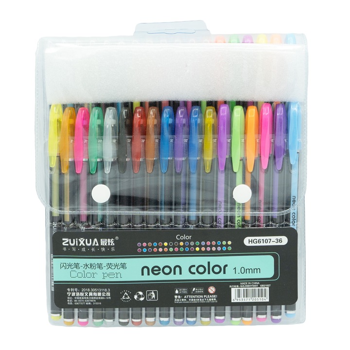 Гел химикалки комплект 36 цвята, флуоресцентни неонови цветове с блясък, дебелина 1 мм., подходящи за учене и рисуване