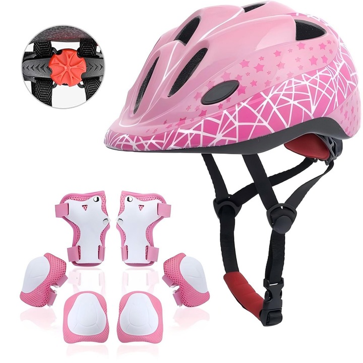Sport védősisak gyerekeknek, 7 az 1-ben gyermekvédelmi készlet, 1 sisak, 2 térdvédő, 2 könyökvédő, 2 csuklóvédő, állítható, szellőző, 3-10 éves gyermekeknek gördeszkázáshoz/kerékpározáshoz, rózsaszín