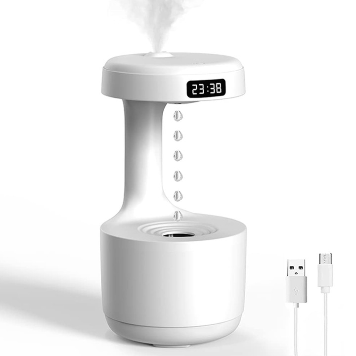 Ултразвуков овлажнител RorAem, антигравитационна система, безшумен овлажнител за въздух, околна светлина, капацитет 800 ml, функция за автоматично изключване, LED дисплей, безшумен дифузор за етерично масло, бял