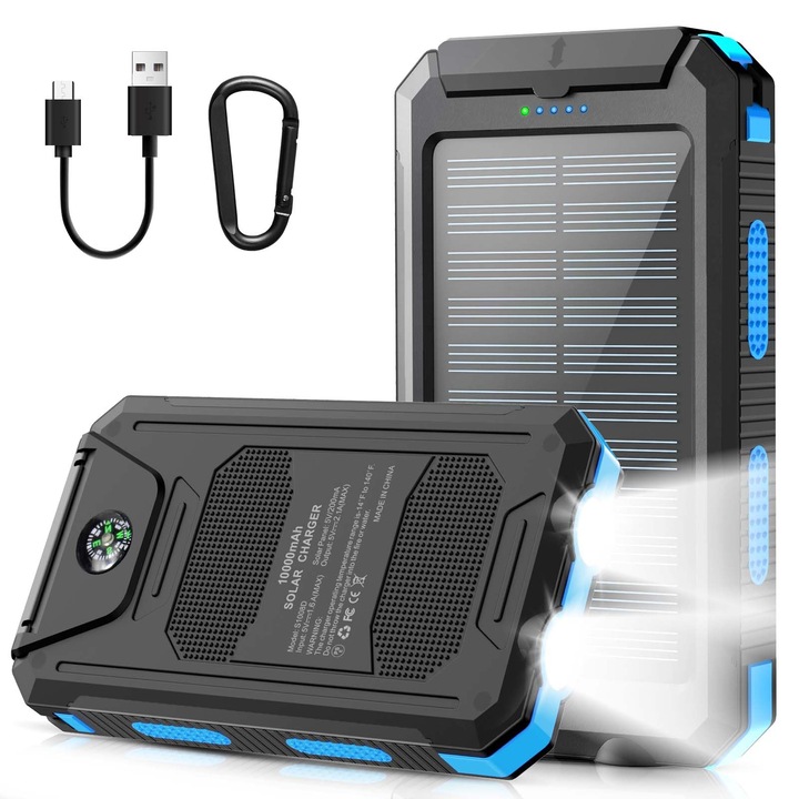 Baterie solara externa, 10.000 mAh, neagra