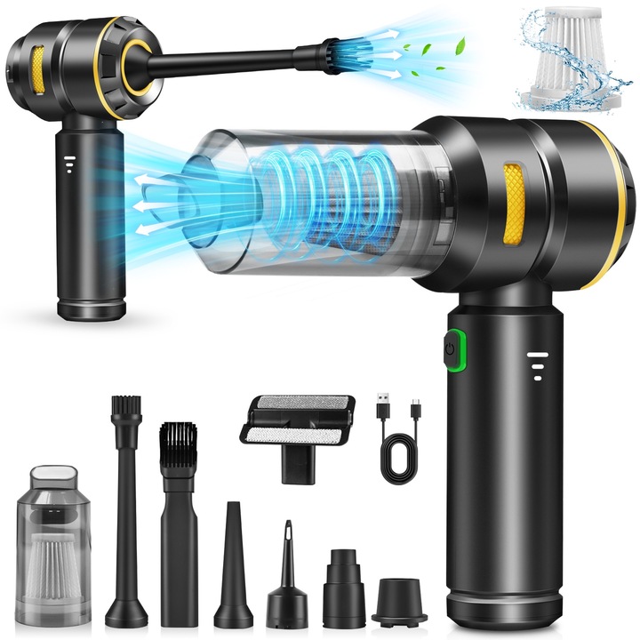 Suflanta Aer & Aspirator fara Fir, JUEMEL, M7068, 120000RPM, Baterie 7500mAh, 10 Accesorii, pentru Tastatura, Indepartare Praf PC, Canapea, poate fi folosit pentru a umfla inele de inot, paturi elastice si multe altele, Portabil, Negru