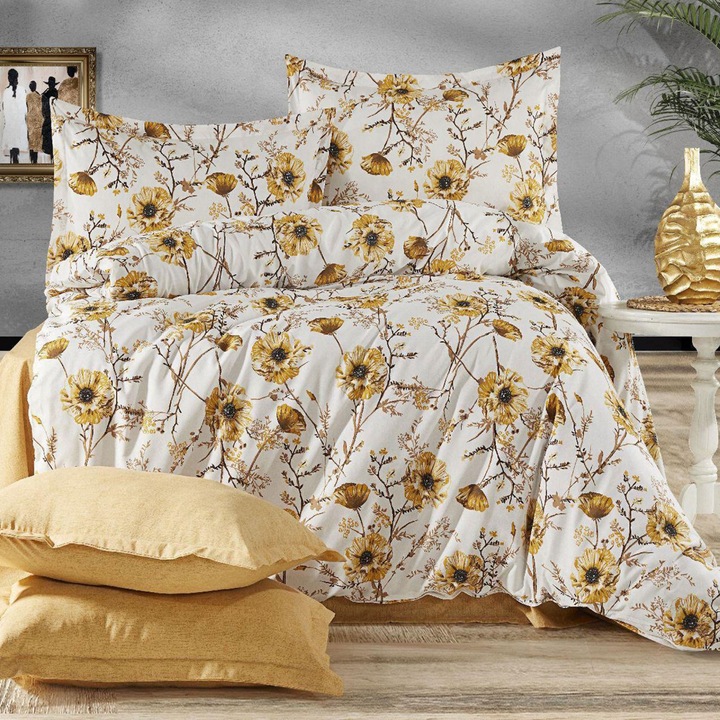 Francia ágynemű Ranforce Cotton 4 db lepedő 240 x 260 cm, paplan 200x230 cm, 2 párnahuzat 50x70 cm, Fehér / Sárga, Bolyhos