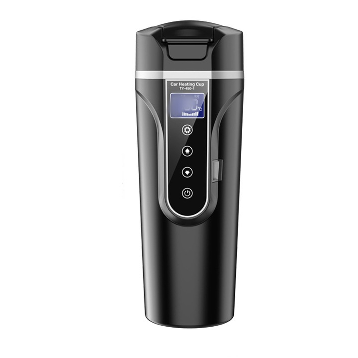 Cana termica incalzita, masina si casa, 4 moduri, ecran tactil inteligent, incalzire rapida, rezistent la scurgeri, USB, 450mL, negru