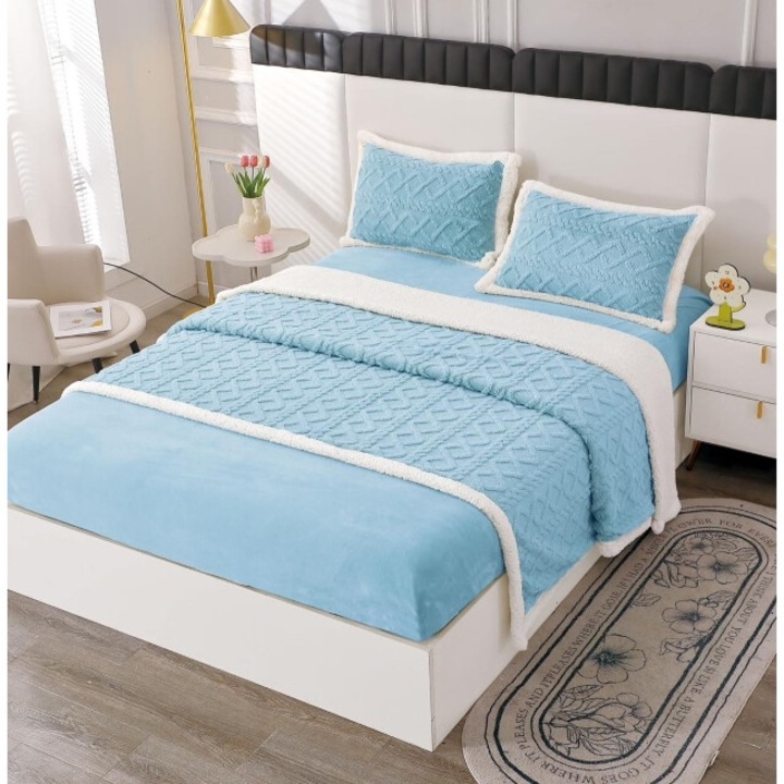 Lenjerie cu blanita, model tricotat cu elastic, 180x200 cm, albastru-alb