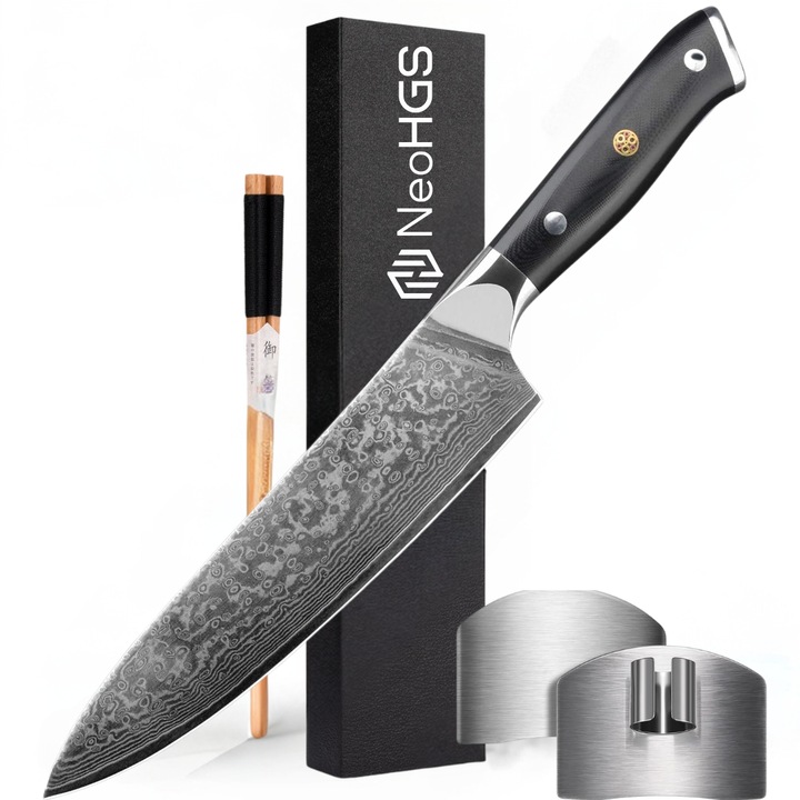 Нож за готвач, професионален нож NeoHGS, дамаска стомана, HRC 60, дължина на острието 20 см, 66 слоя, включена кутия, защита за пръстите, вакуумно темпериране, антибактериална дръжка, незалепващо покритие, обезкостяване, резба, предпазител за пръстите