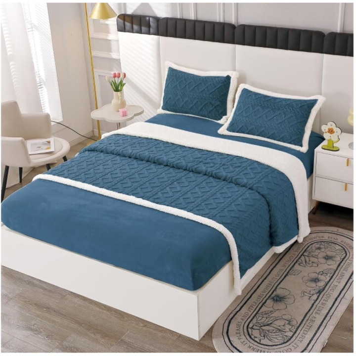 Lenjerie cu blanita, model tricotat cu elastic, 180x200 cm, albastru