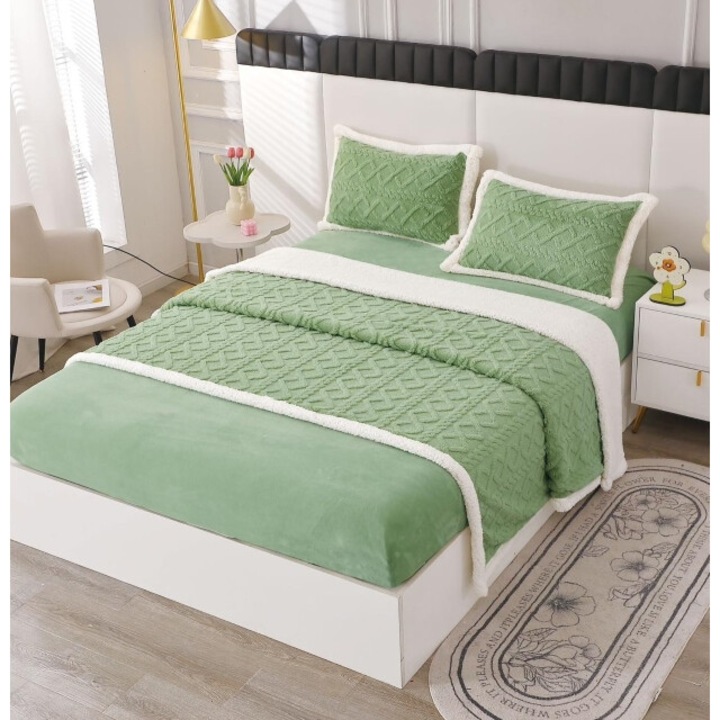 Lenjerie cu blanita, model tricotat cu elastic, 180x200 cm, verde