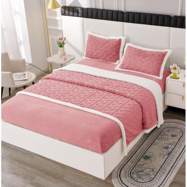 Lenjerie cu blanita, model tricotat cu elastic, 180x200 cm, roz