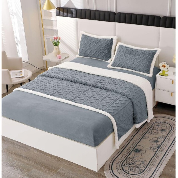 Lenjerie cu blanita, model tricotat cu elastic, 180x200 cm, gri-albastrui