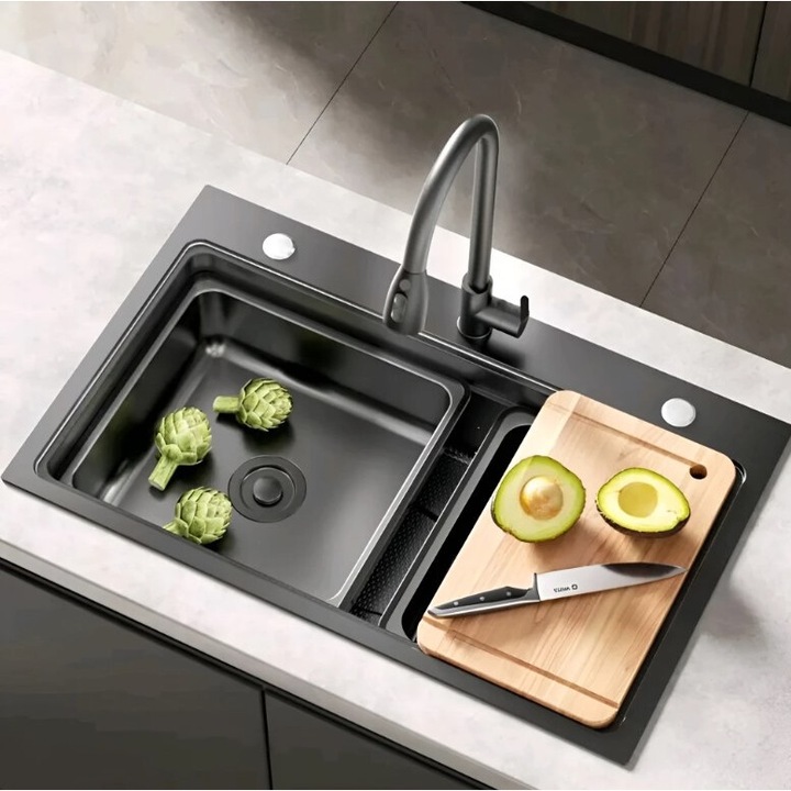 Chiuveta Multifunctionala de Bucatarie, cu Dus Extractibil, Dozator Detergent, Spalator Pahare, 2 Tavite Uscare si Tocator, Inox Gri Antracit, Alpincool™ Aqua 4