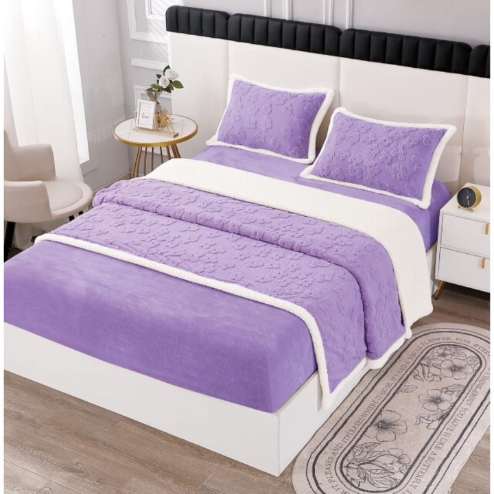 Lenjerie cu blanita, model tricotat cu elastic, 180x200 cm, mov