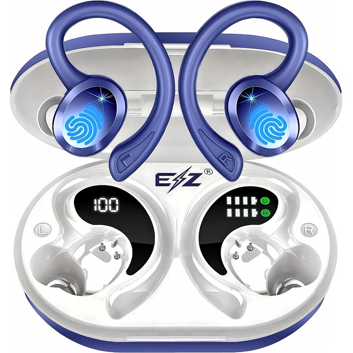Casti wireless sport, GymSmart ElectroZed®️, alergare anularea zgomotului integrata microfon conectare automata,3D HiFi stereo autonomie 48 or, Bluetooth 5.3 buton tactil, Rezistente la apa IPX7 compatibilitate universala, ear, BudsPro Flexibile, albastru