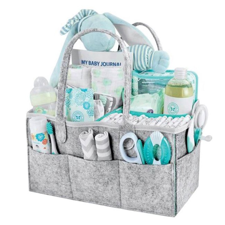 Чанта-органайзер за бебешка козметика от филц, мултифункционална, 8 джоба, сива, 33x23x18см