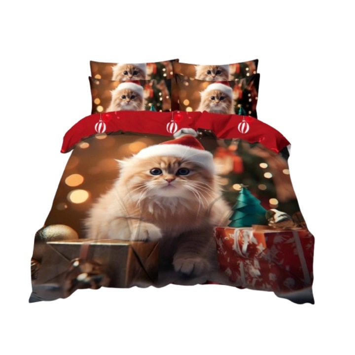 Lenjerie de pat, Finet, Imprimeu Festiv Craciun, Cute Kitty, 6 piese, 2 persoane, 240x250cm, Multicolor