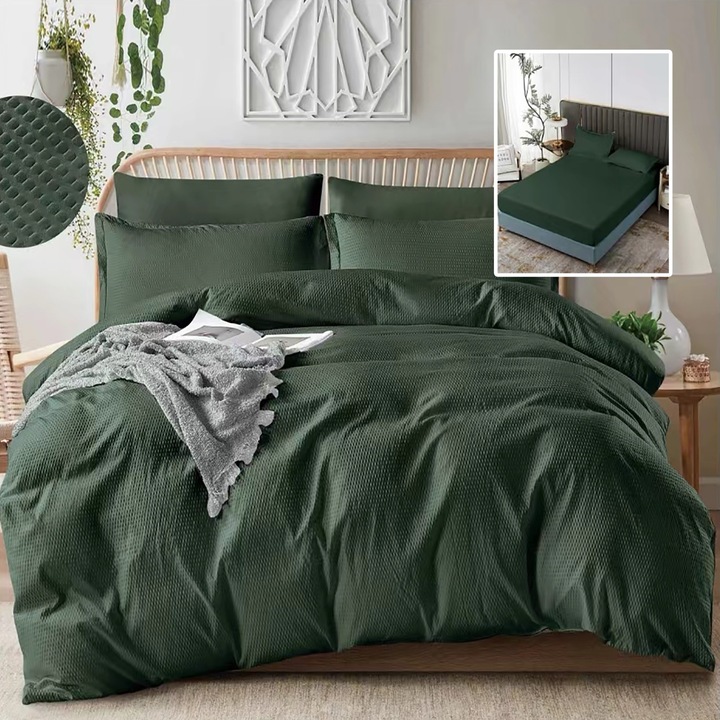 UNI Creponata franciaágynemű 6 db, matrac huzat 160/180x200 cm, paplan 200x230 cm, 2 párnahuzat 50x70 és 70x70 cm, zöld, Pucioasa