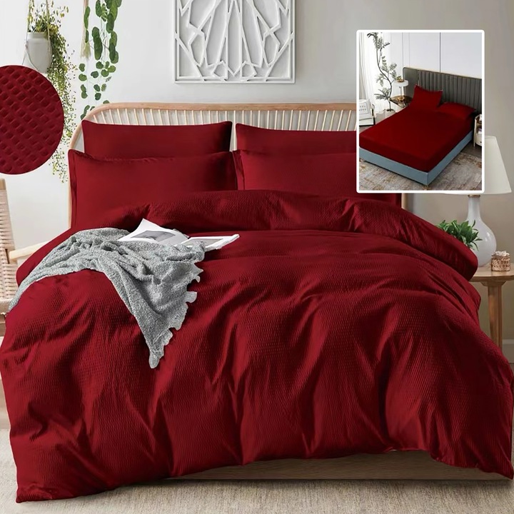 Спално бельо UNI Creponata 6 части, калъф за матрак 160/180x200 см, юрган 200x230 см, 2 калъфки за възглавници 50x70 и 70x70 см, Червени, Pucioasa