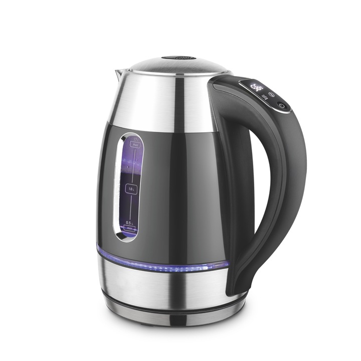 Fierbator electric, ecran tactil, 7 temperaturi, lumina LED, oprire automata, design cu fereastra de apa, 1,7L, negru
