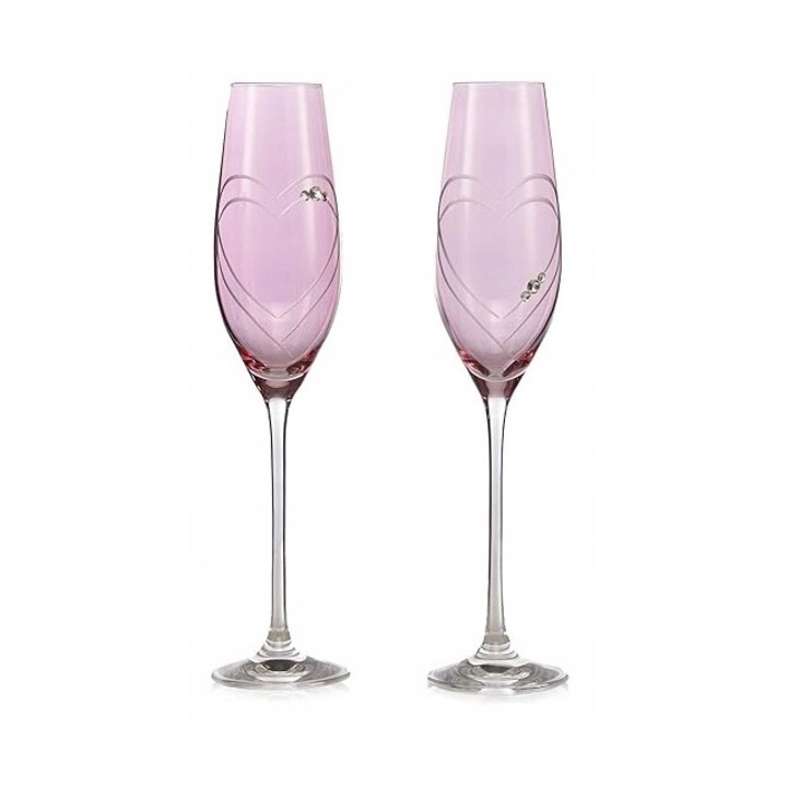 Комплект 2 чаши за шампанско UMA, Pink Heart, кристали Swarovski, 26.5см, безоловно стъкло