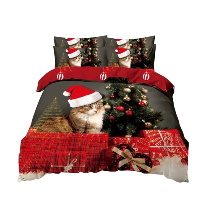 Lenjerie de pat, Finet, Imprimeu Festiv Craciun, Pisicuta, 6 piese, 2 persoane, 240x250cm, Multicolor