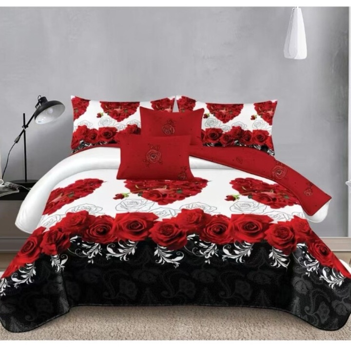 Lenjerie de pat dublu, 6 piese, 2 persoane, 180x200 cm, imprimeu buchete de trandafiri rosi, multicolor