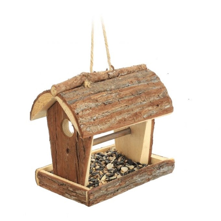 Hranitoare pentru pasari din lemn de brad, cu agatatoare, Relaxdays, aprox. 18 x 13.5 x 19.5 cm, culoare naturala