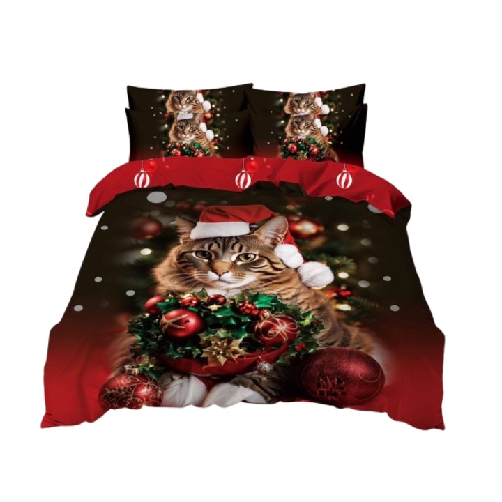 Lenjerie de pat, Finet, Imprimeu Festiv Craciun, Christmas With the Dogs, 6 piese, 2 persoane, 240x250cm, Multicolor