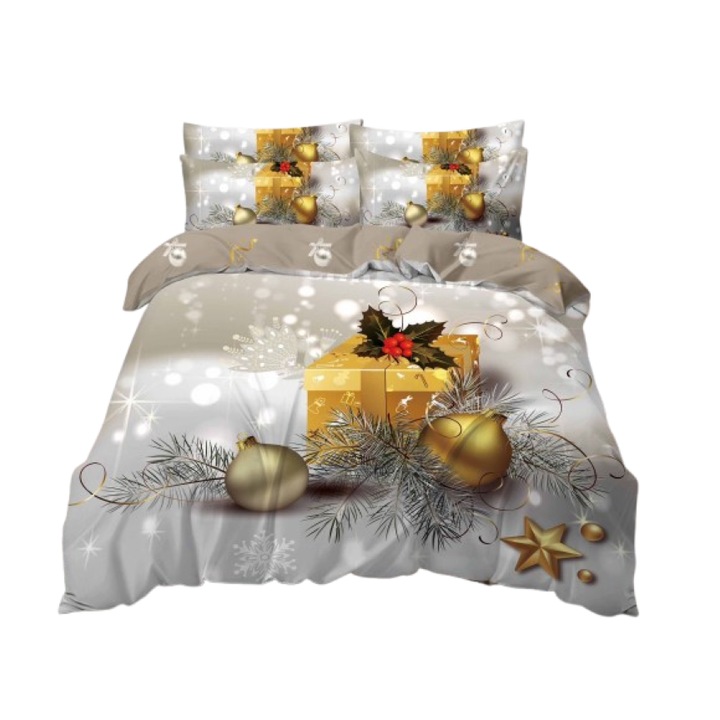 Lenjerie de pat, Finet, Imprimeu Festiv Craciun, Cadou, 6 piese, 2 persoane, 240x250cm, Multicolor