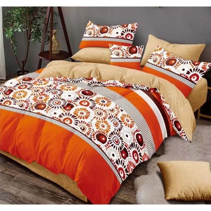 Lenjerie de pat dublu, 6 piese, 2 persoane, 180x200 cm, imprimeu randulete cu flori, multicolor